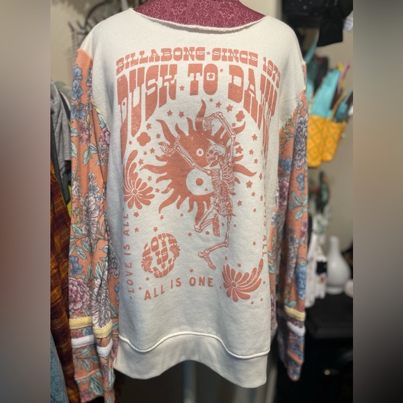 Upcycled Billabong Graphic Sweatshirt with Floral Sleeves - Picture 2 of 5